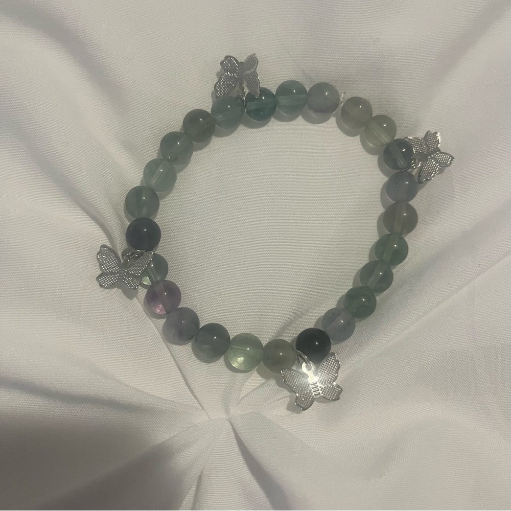 Fluorite Genuine Stone Butterfly Charm Bracelets Handmade Green Purple Silver - Picture 8 of 10